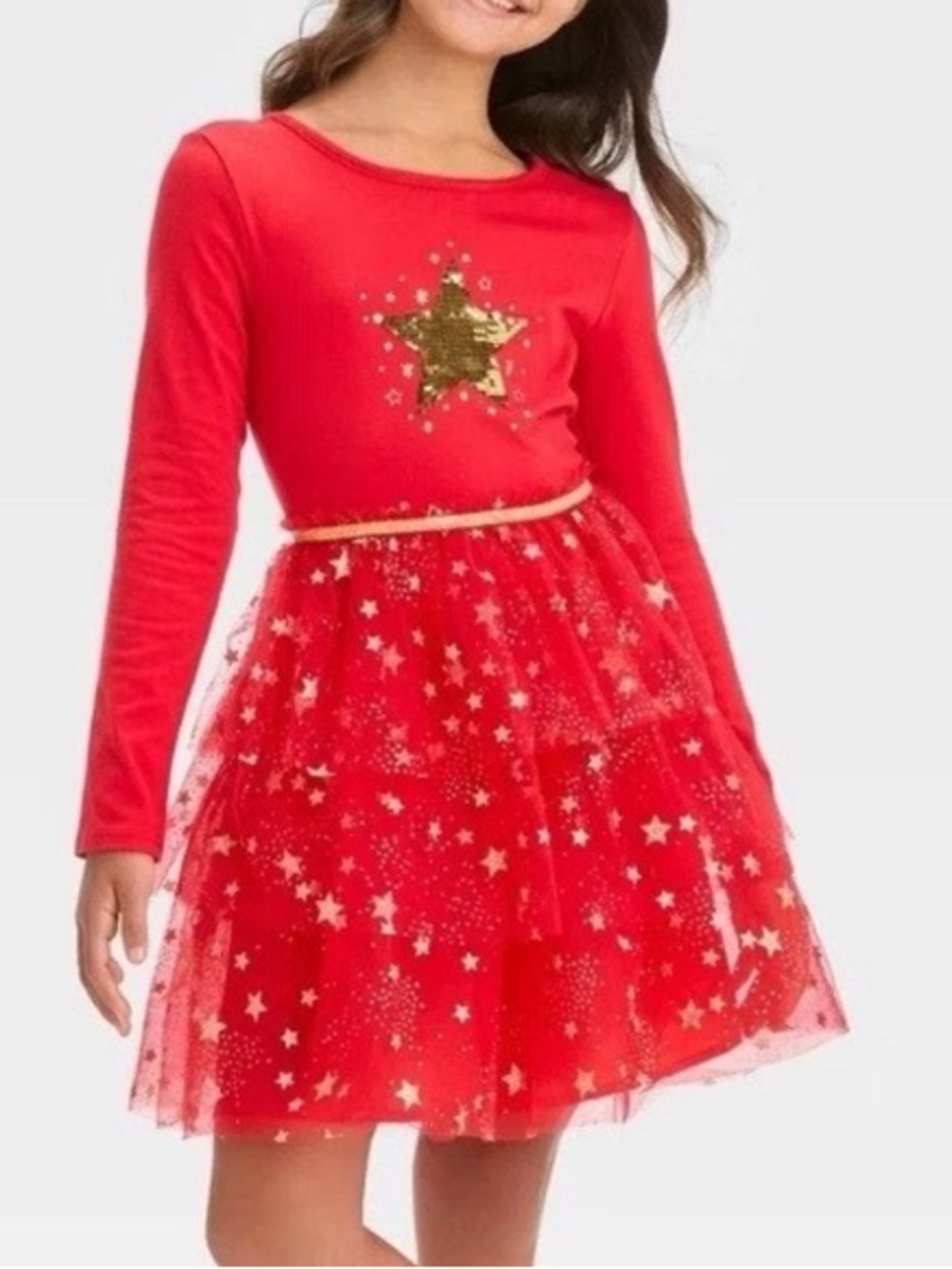 Cat & Jack Red Long-Sleeve Star Tulle Dress with Gold Sequin Star